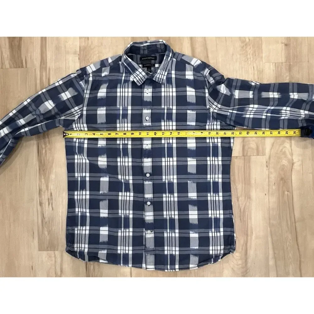Banana Republic Camden Fit Shirt Men Size Large Blue White Plaid 100% Linen